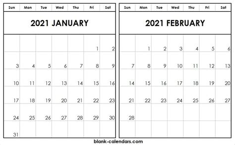 Editable January February 2021 Calendar Print Free Blank