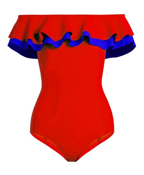 Red Blue Flounce Bonded Ruffled Off Shoulder Handmade One Piece