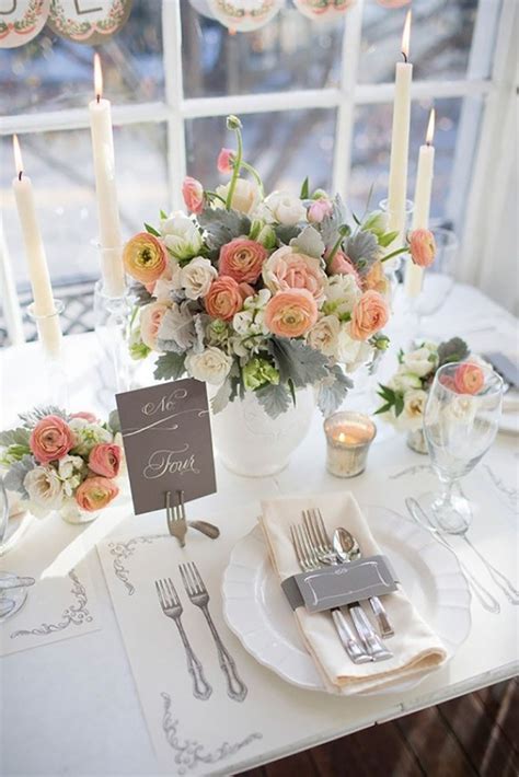 Peach And Grey Themed Wedding Table Pink Table Settings Wedding Table