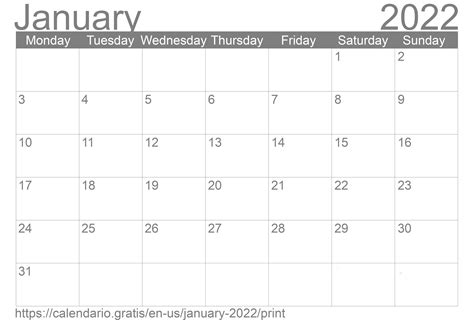 Calendar January 2022 From United States Of America In English ☑️