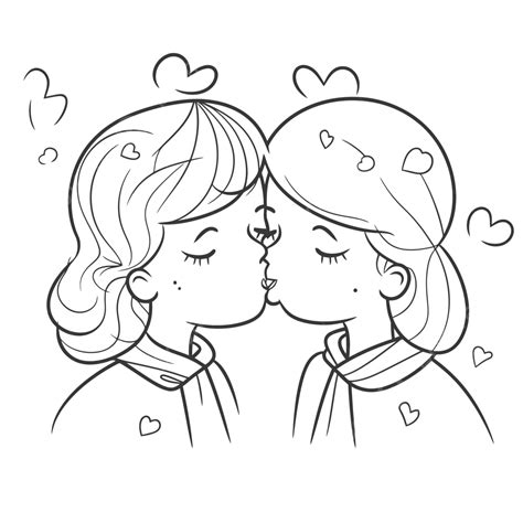 Coloring Book Page With Two Women Kissing Outline Sketch Drawing Vector