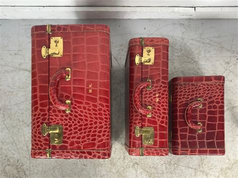 Unusual Set Of 3 Red Leather Faux Alligator Luggage With Cosmetic