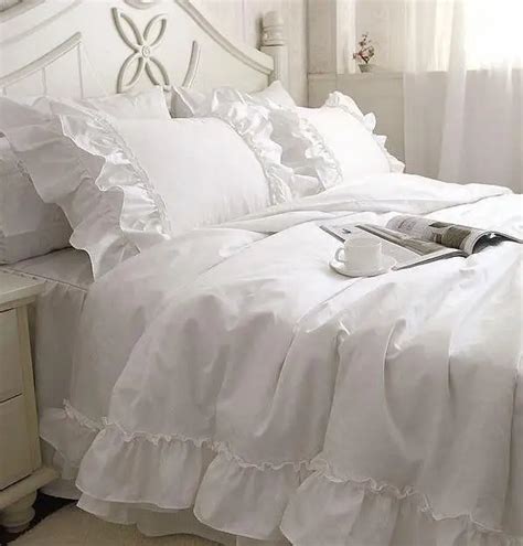 Romantic White Falbala Ruffle Lace Bedding Sets Princess Duvet Cover Set Solid Color Comforter