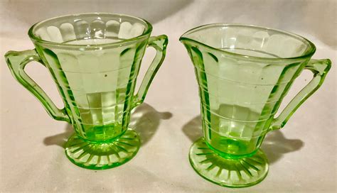 Green Uranium Glass Creamer And Sugar Set Vintage 1930s Art Deco Style Ribbed Optic Pattern