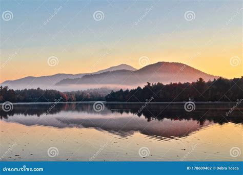 Mirror Lake Lake Placid Ny Reflections Mountains Misty Fog Stock Photo