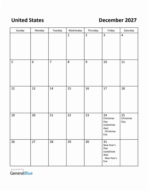 Free Printable December 2027 Calendar For United States