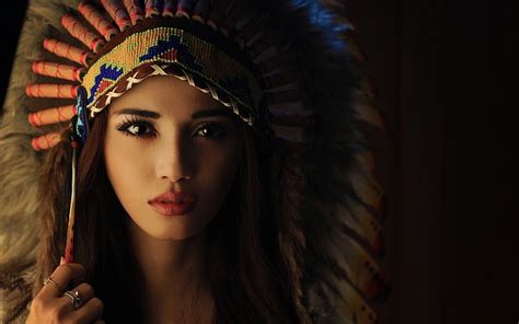 Womens Brown And Multicolored Native American Headdress Woman Wearing