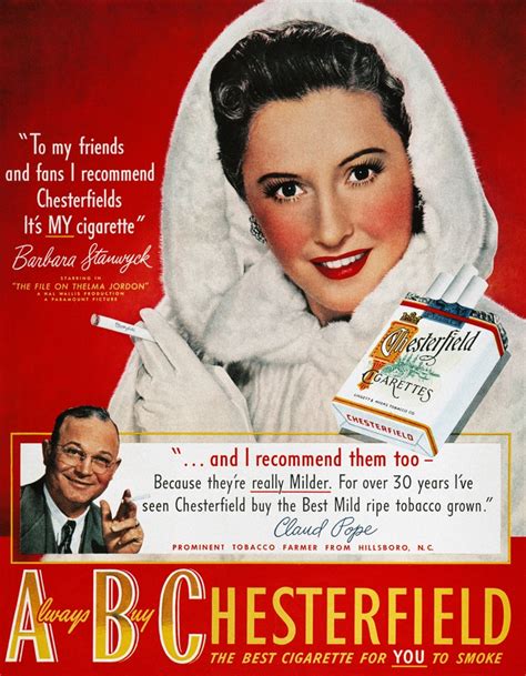 Chesterfield Cigarette Ad Nactress Barbara Stanwyck Endorsing Chesterfield Cigarettes