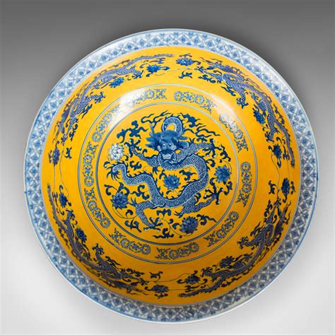 Chinese Porcelain Bowl Dragons Blue White And Yellow Late 20th Cen