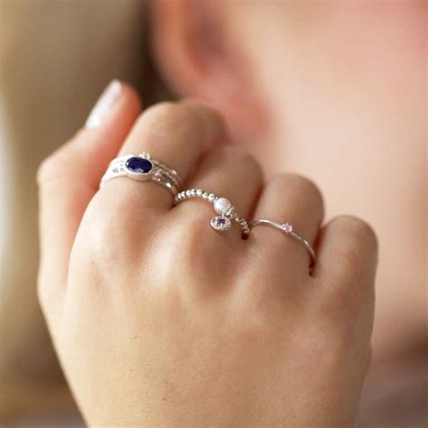 Silver Beads And Pearl Stretch Ring With Birthstone By
