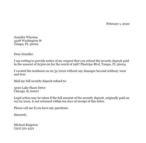 Letter To Request Security Deposit Refund
