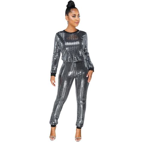 2020 Shiny Sequined Spliced Sexy Set Autumn O Neck Long Sleeve Tops And