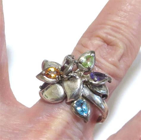 Sterling Silver Dangle Multi Color Rhinestones Flower Ring Etsy