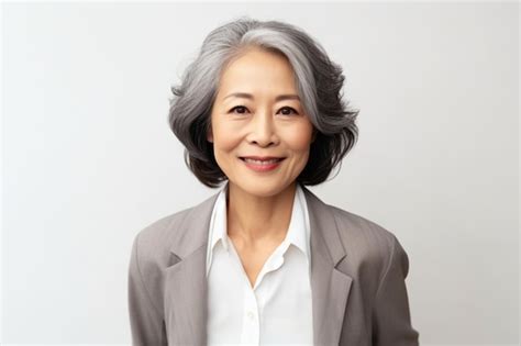 Premium Photo Asian Mature Woman Laughing Happily In Gray Suit