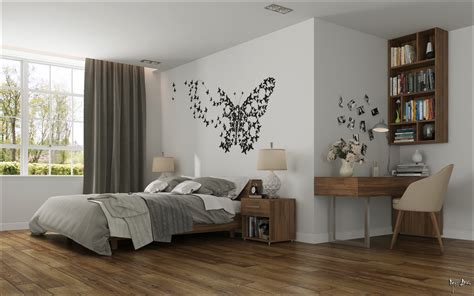 A nondescript bed or bed mat. | bedroom butterfly wall artInterior Design Ideas.