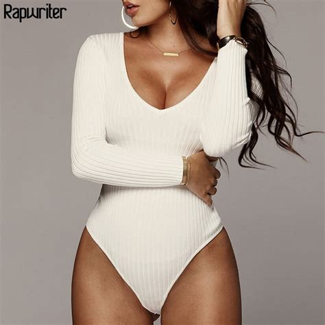 Rapwriter Solid Vertical Stripes Stretch Ribbed Knitted Sexy Bodysuit Women 2019 Spring V Neck