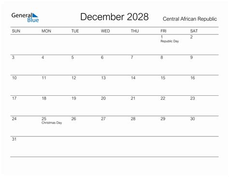 Printable December 2028 Monthly Calendar With Holidays For Central