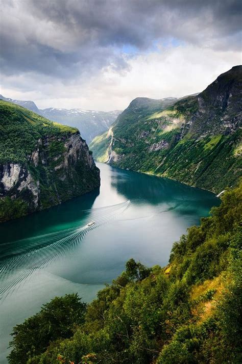 Bright Seven Sisters Waterfall Geiranger Fjord Norway — With Evelyn