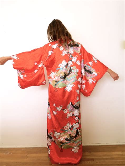 Japanese Red Silk Kimono Robe Etsy