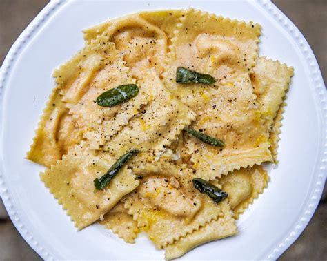 Homemade Butternut Squash And Ricotta Ravioli Topped With Sage