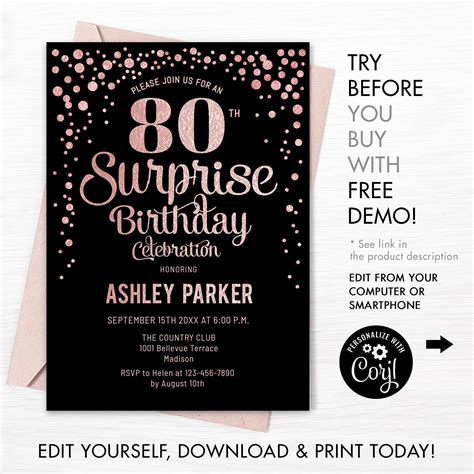 80th Birthday Invitation Instant Download Diy Digital Etsy