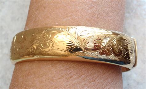 18k Rolled Gold Engraved Wide Bangle Bracelet Made In England Etsy