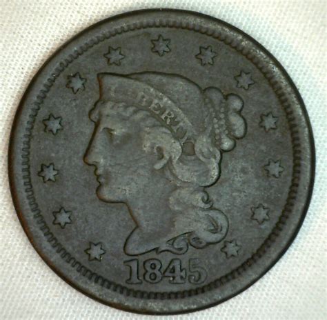 1845 Braided Hair Large Cent Copper Type Coin One Cent Us Penny Fine