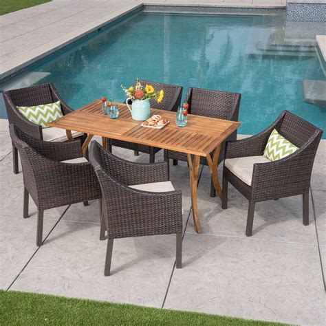 Outdoor 7 Piece Acacia Wood Wicker Dining Set With Cushions Teak Fin