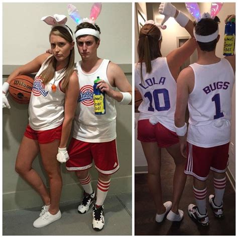 Two People Dressed Up In Bunny Ears And Basketball Uniforms One Is Holding A Water Bottle
