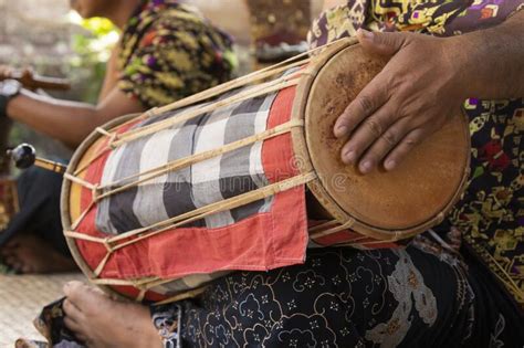 Musician Plays A Kendhang Traditional Balinese Instrument Indonesia