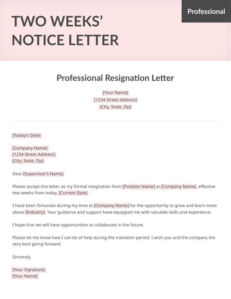 2 Weeks Notice Email Template