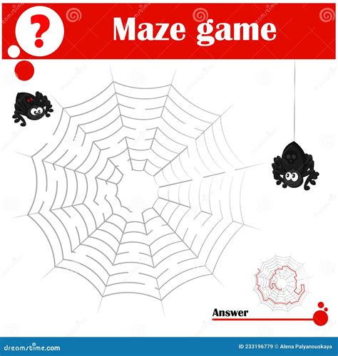Maze Game For Kids With Spider Insect Character And His Web Stock