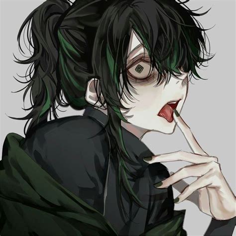 An Anime Character With Black Hair And Green Eyes Holding His Finger Up