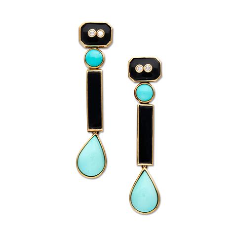 Vintage Gold Turquoise Onyx And Diamond Drop Earrings Available For