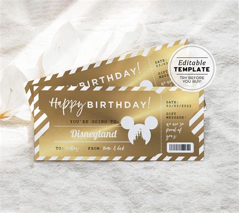 Printable Disneyland Gold Ticket Birthday Gift Template | Etsy Australia