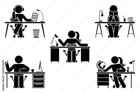 Stick Figure Male And Female Study Learn Lesson At School Home Office
