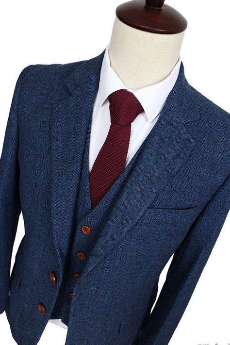 Men 3 Piece Wool Suit Blue Herringbone Tailor Made Suit Blue Tweed