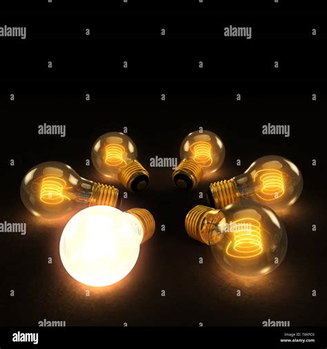 Six Illuminated Incandescent Light Bulbs In A Circle On A Dark