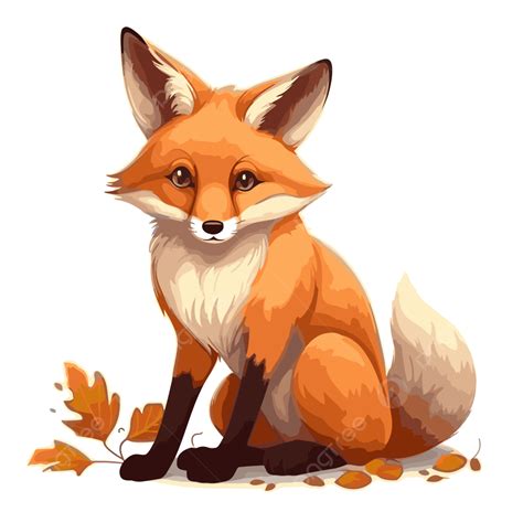 Realistic Fox Vector Sticker Clipart Fox Sitting With Leaves On A