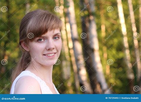 Beautiful Young Woman In White Smiles In Sunny Summer Park Stock Image Image Of Adult