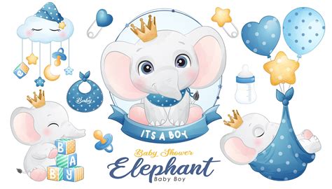 Cute Baby Boy Elephant Baby Shower Digital Clipart Set