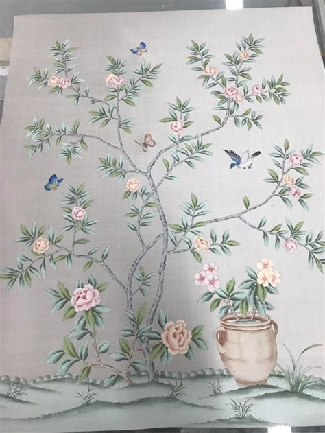 Chinoiserie Handpainted Artwork On Silver Grey Slub Silk Panel Size 36