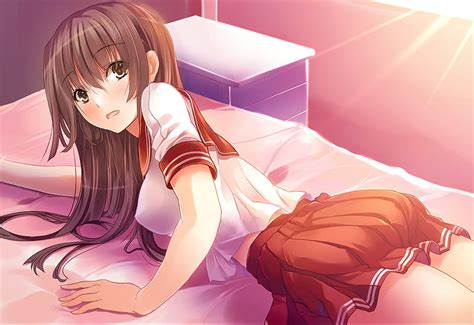 Hey Brown Hair Blush Brown Eyes Sexy Bed Cute Girl Uniform Anime HD Wallpaper Peakpx