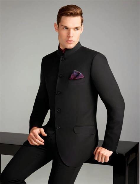 Black Mens Wedding Tuxedos High Collar Mens Suits Custom Made Wedding Suits For Groom Single