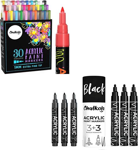 Chalkola Mega Bundle 30 Extra Fine Multi Color 6 Black Acrylic Markers Arts