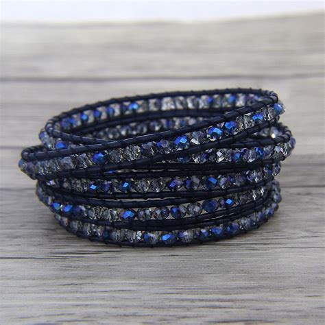 Rows Leather Wrap Bracelet Steel Blue Crystal Wrap Bracelet Wraps