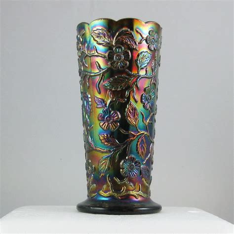 Fenton Dark Amethyst 8257 Cn Peacock Garden Carnival Glass Vase Carnival Glass