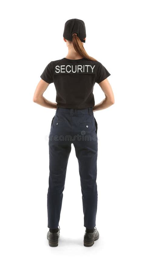 Female Security Guard On White Background Back View Stock Photo