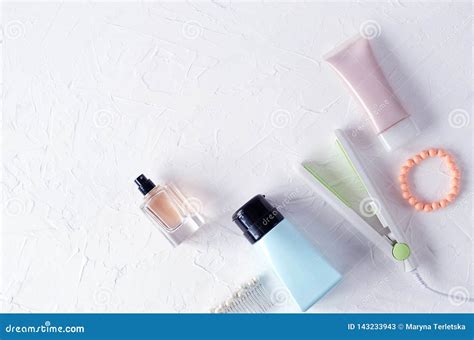 Female Light Flat Lay With Cosmetics And Female Gadgets Stock Image