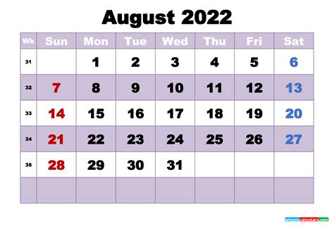 Free 2022 Printable Calendar August As Word Pdf
